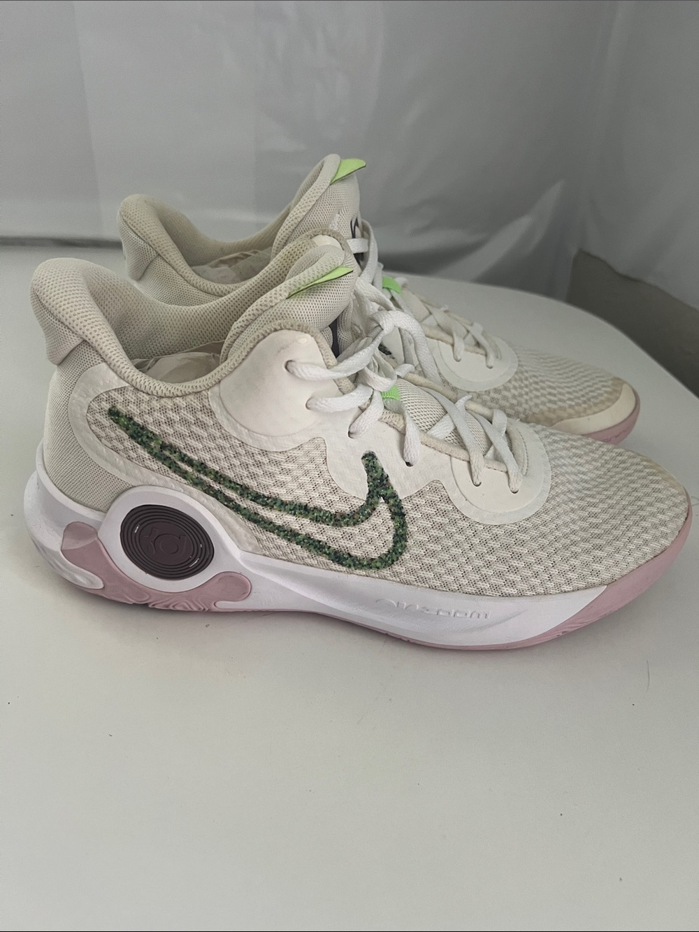 Nike Cream Knit Sneakers with Green Swoosh & Pink Accents